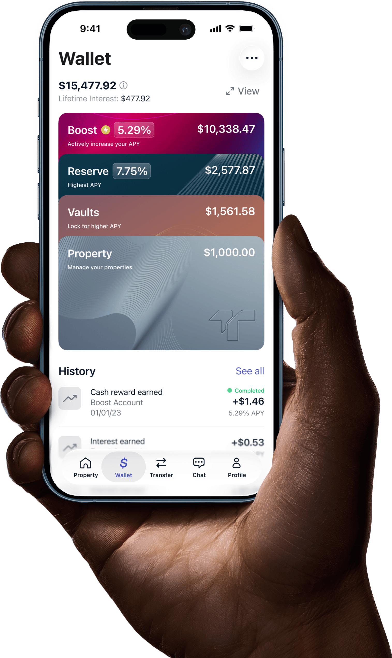 A hand holding a phone with the Tellus wallet open, showing the Vaults, Property, Reserve and Boost accounts